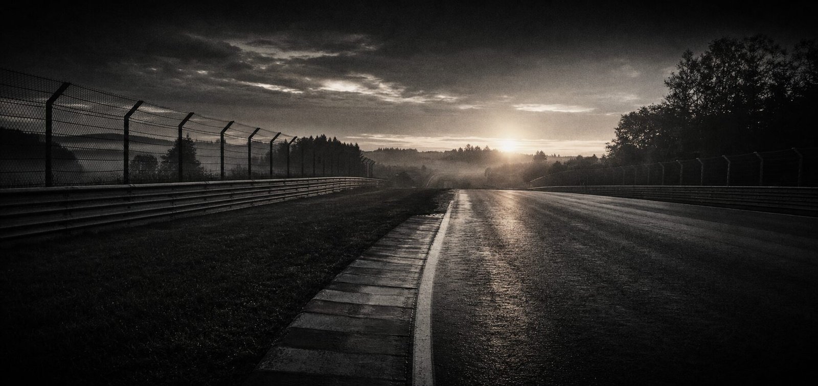 Empty wet race circuit disappearing into the distance